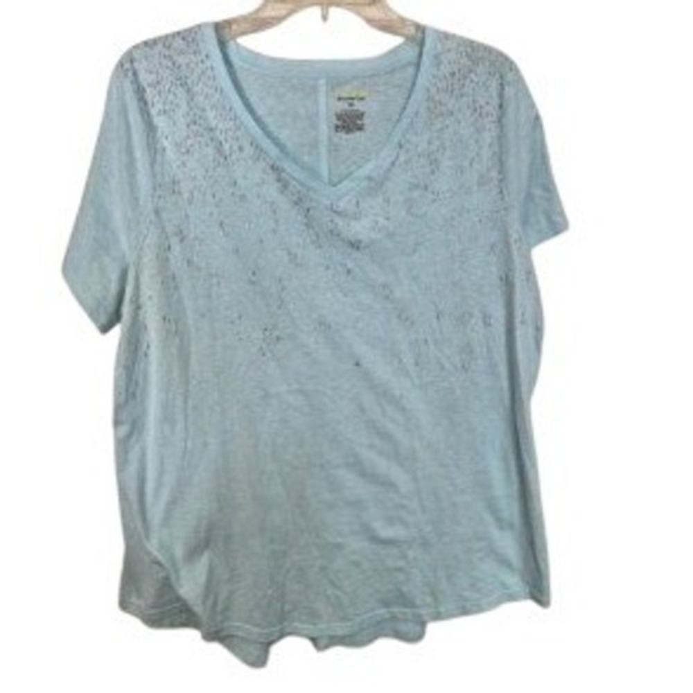 Tek Gear Womens 1X Light Blue Silver Foil Splatter V-Neck Short Sleeve T-Shirt